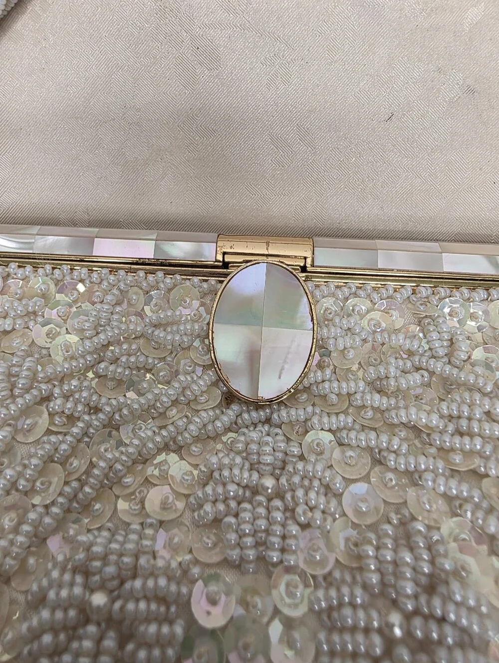 Vintage Beaded Sequined Evening Bag Mother of Pearl Clasp Hand Made Hong Kong